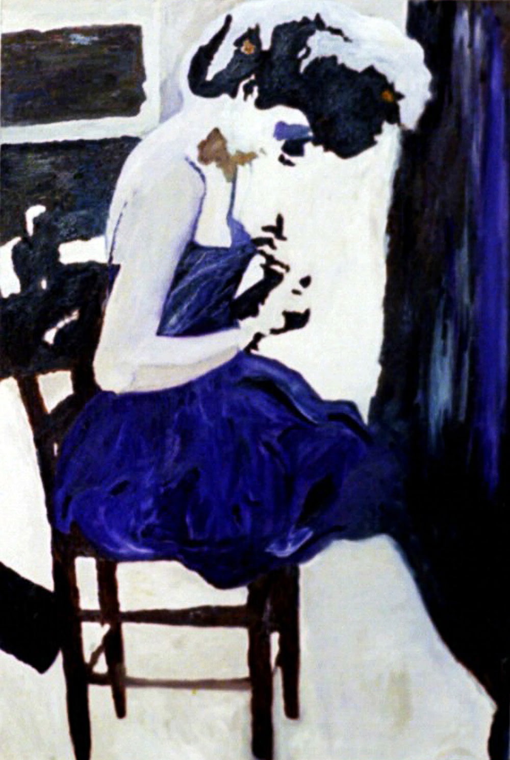 Seated figure in a deep violet skirt and white blouse turned inward on a wooden chair, painted in ultramarine, black and cream oils on linen