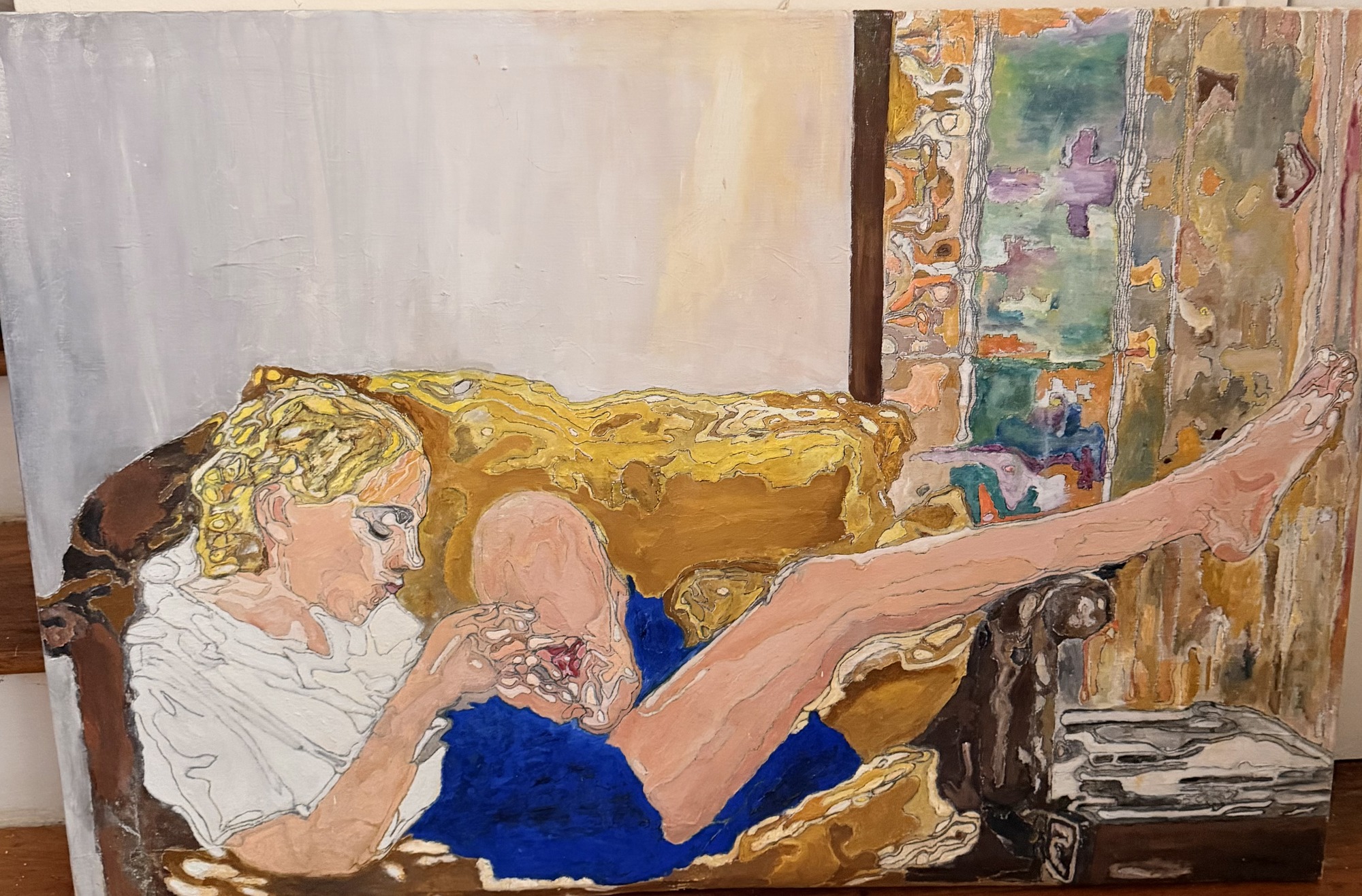 Figure in a cobalt blue dress reclining on a gold sofa beside a bright open window, painted in thick oils on linen