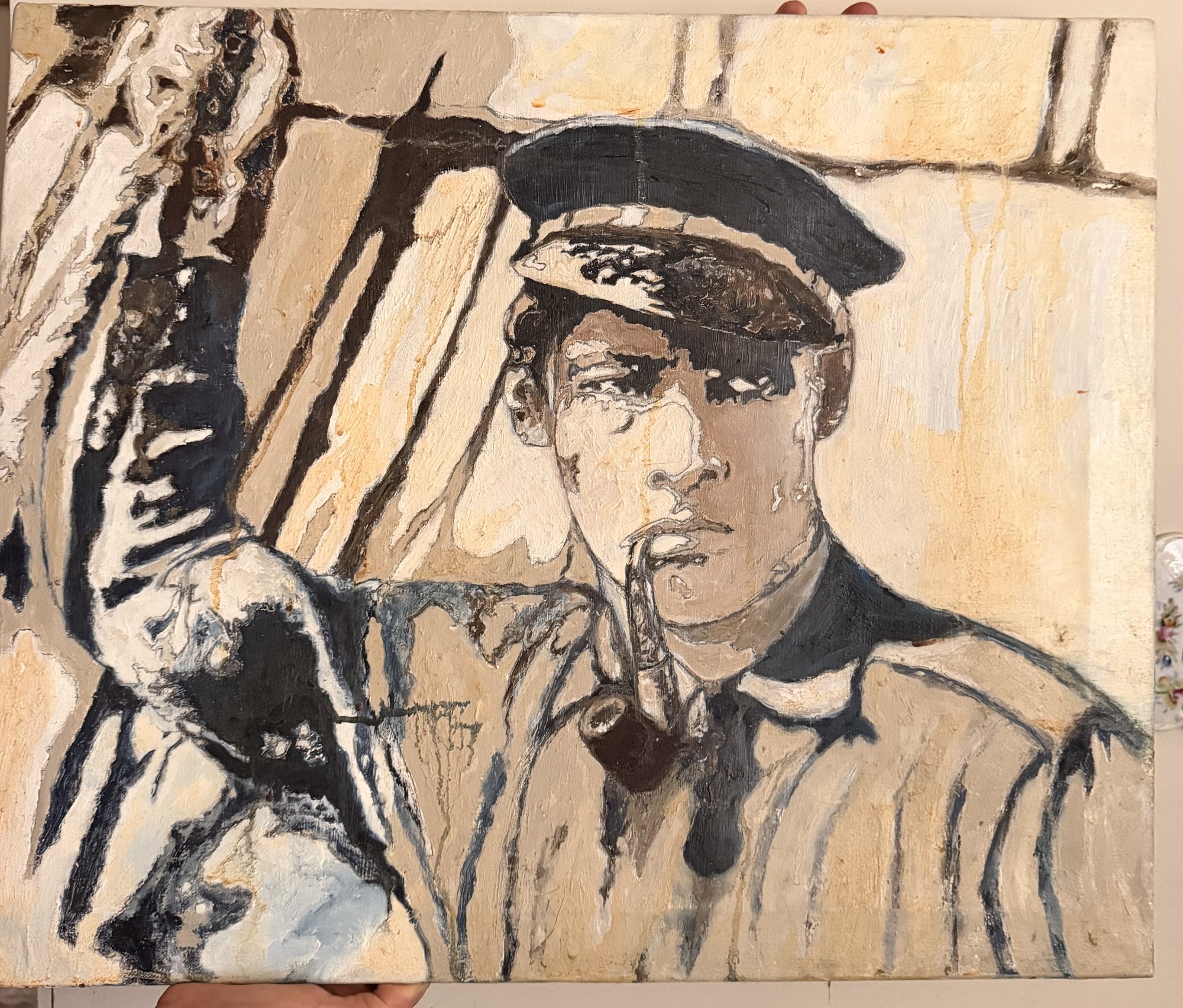 Portrait of a young man in a dark peaked cap smoking a pipe and holding a rope, painted in bone whites and blue-blacks in oil on linen