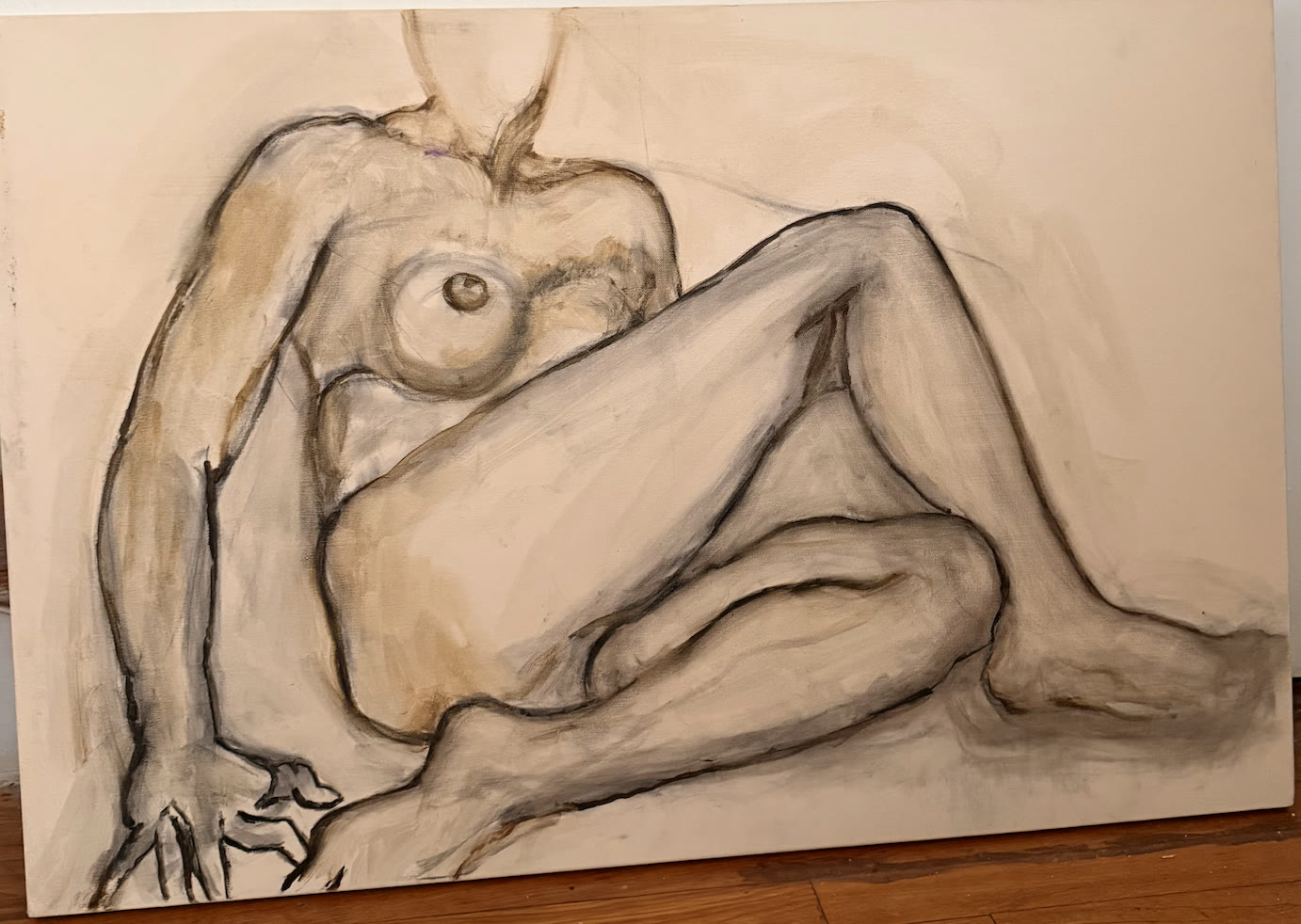Reclining figure study drawn in charcoal line with thin warm grey oil washes over raw linen