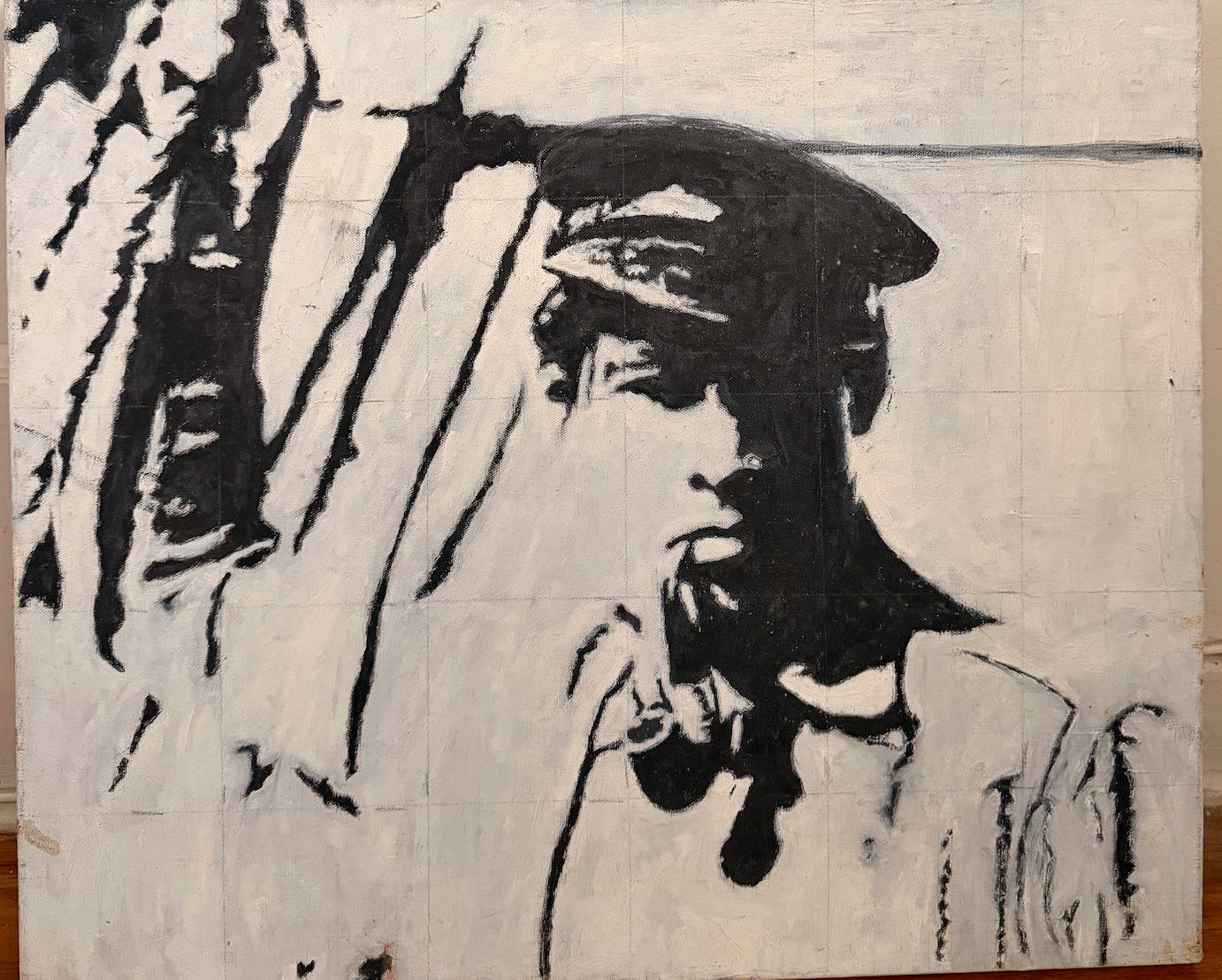High-contrast black and white oil painting of a capped figure in profile smoking a pipe against a pale ground