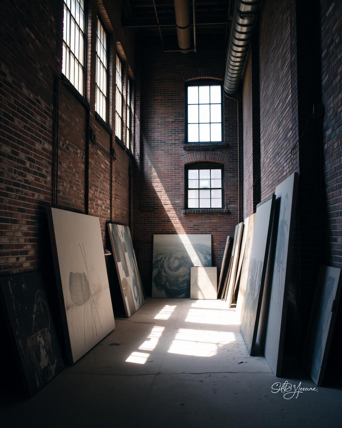 Corner of a painting studio with canvases leaning against a wall in daylight