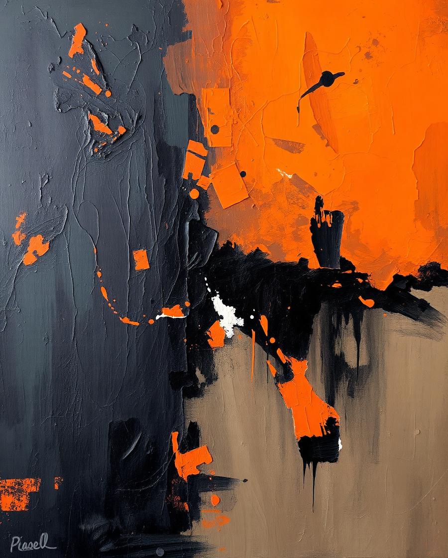 Abstract oil painting in rust orange and charcoal with heavy impasto texture