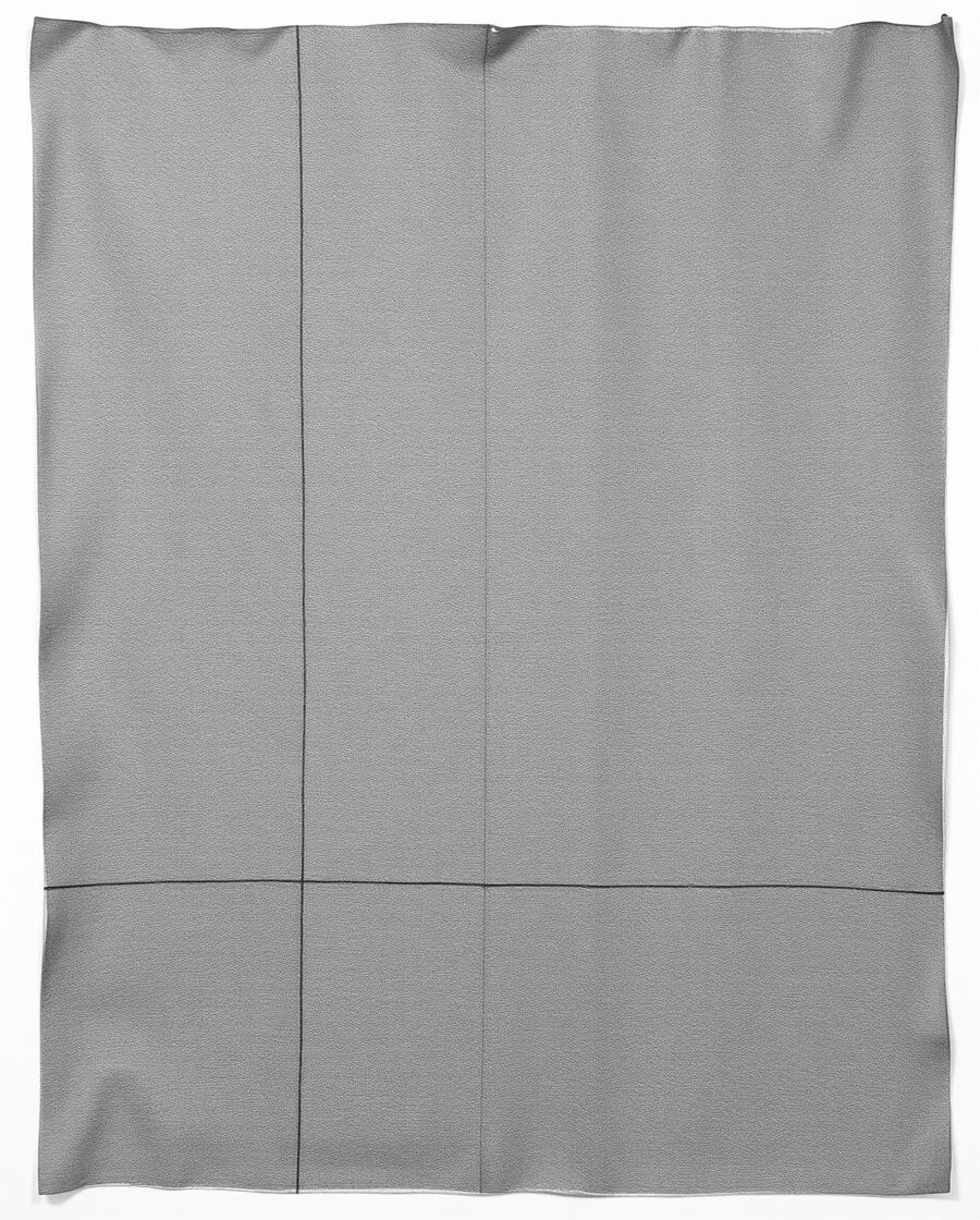 Minimal oil painting in warm grey with faint grid lines and visible linen weave