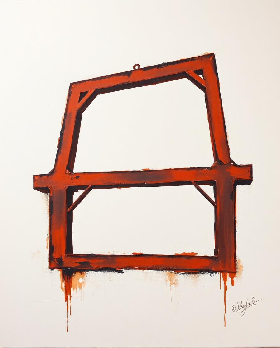 Abstract oil painting with a horizon band and a small bright accent mark