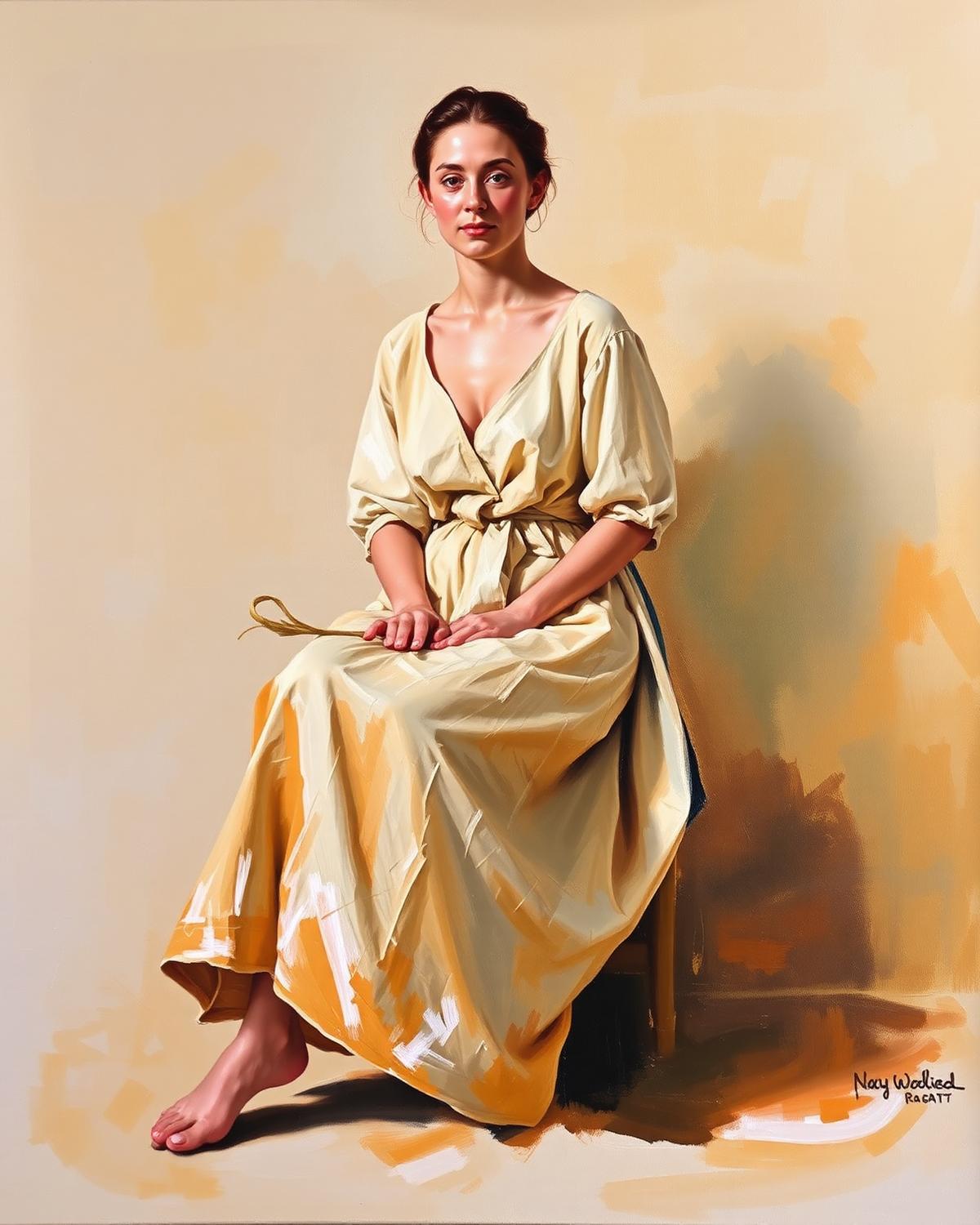 Oil painting of a seated woman in a cream linen dress against a warm ochre ground
