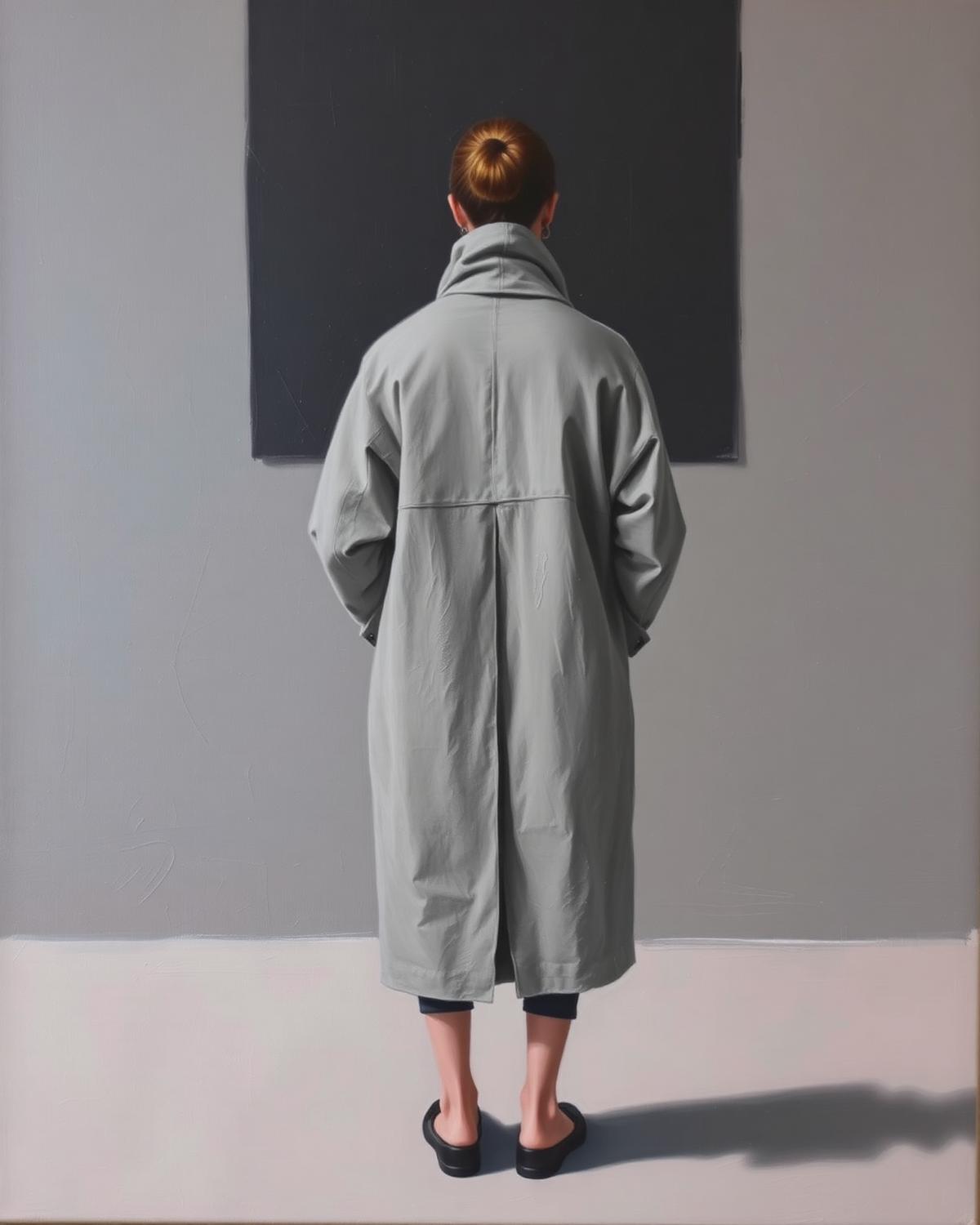 Oil painting of a standing figure seen from behind in a soft grey coat