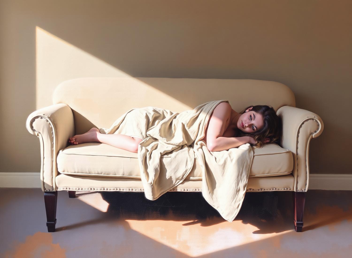 Oil painting of a figure resting on a cream sofa in a shaft of afternoon light