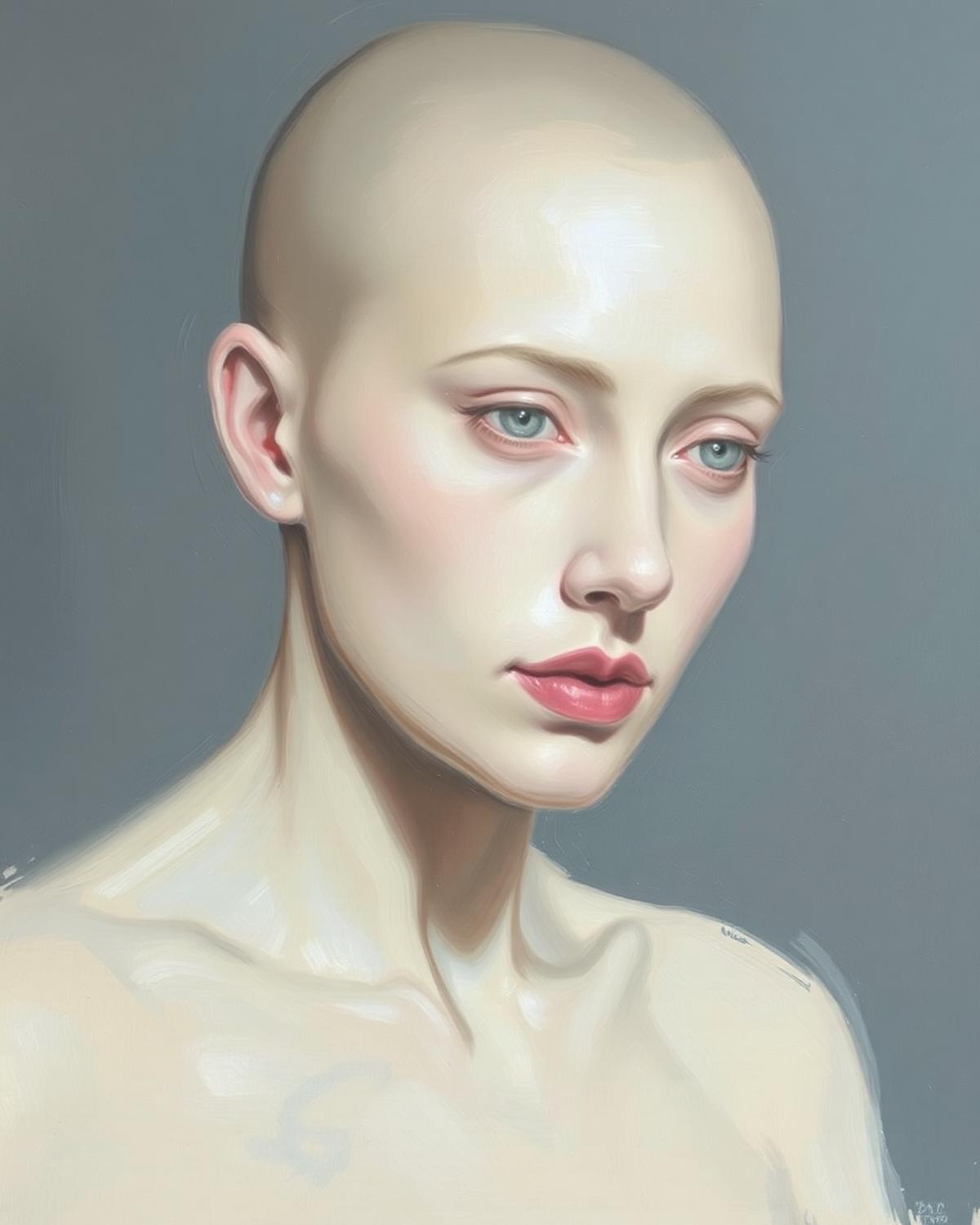 Oil painting portrait study with softened features against a cool grey ground