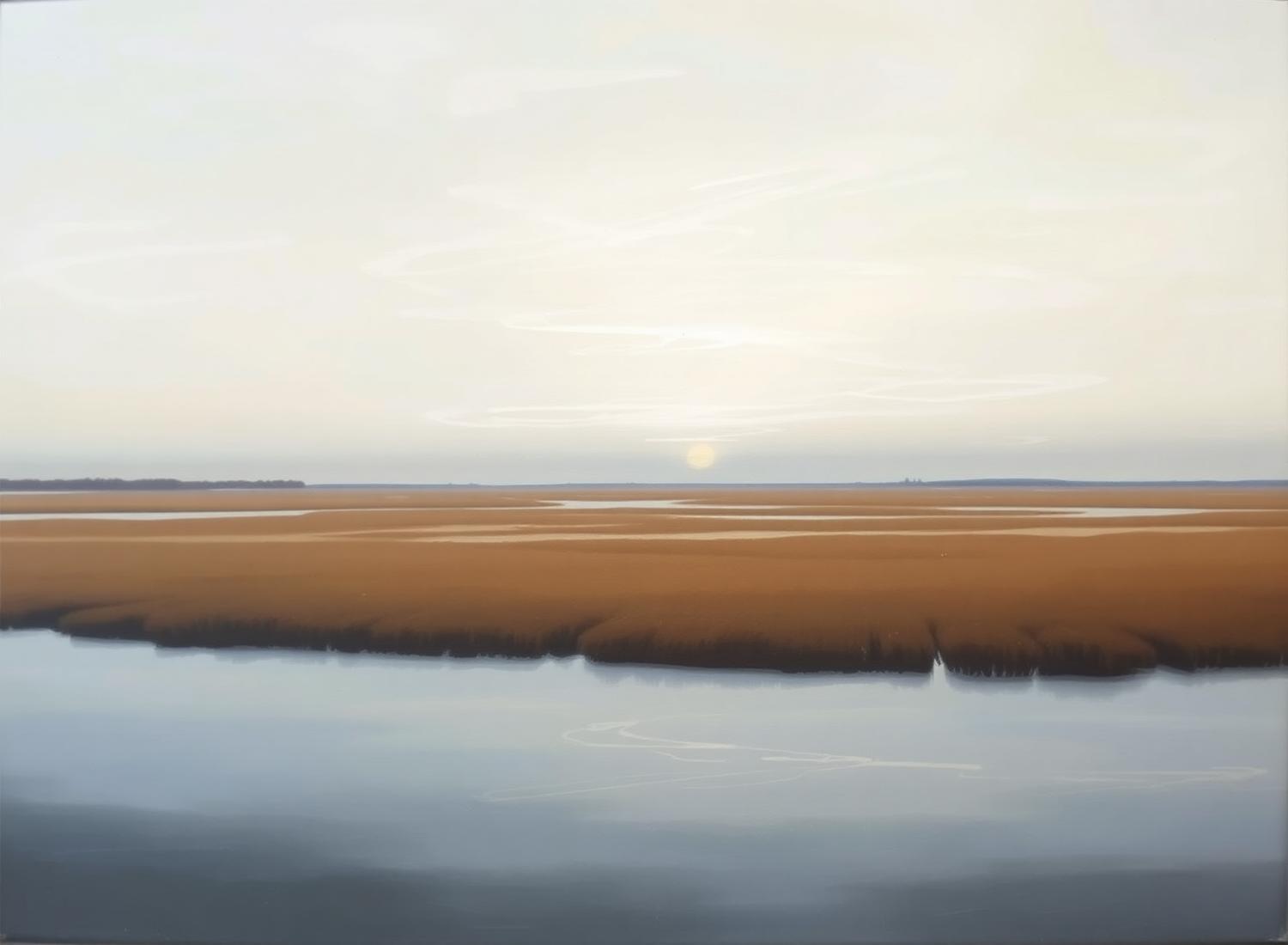 Oil painting of a wide marsh at dusk with a pale sky and still water