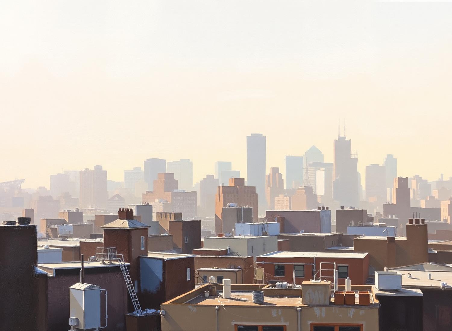 Oil painting of Brooklyn rooftops with a hazy skyline in warm morning light