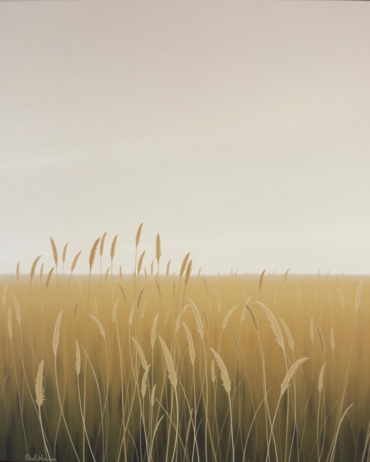 Oil painting of tall summer grasses against a pale sky