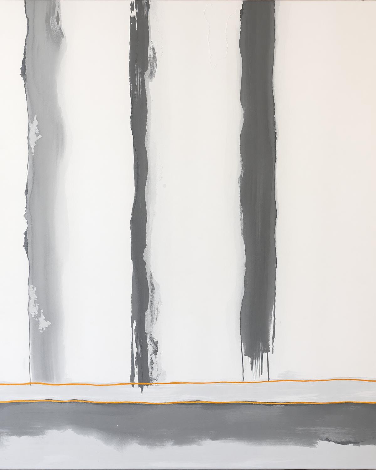 Abstract oil painting with three charcoal vertical bands and a thin ochre line