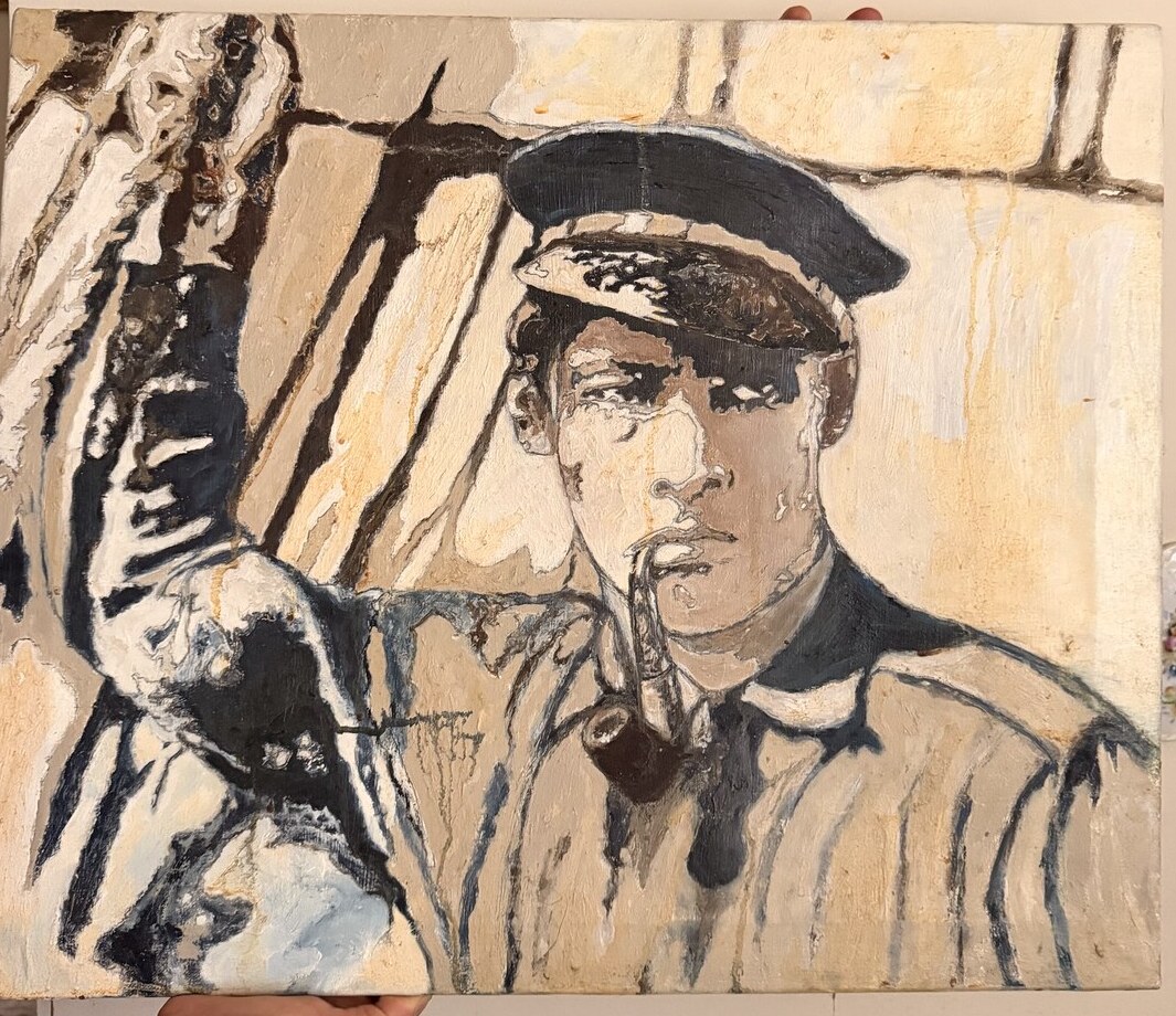 Oil painting of a figure in a flat cap smoking a pipe, painted in bone whites, ochres and deep blue-black