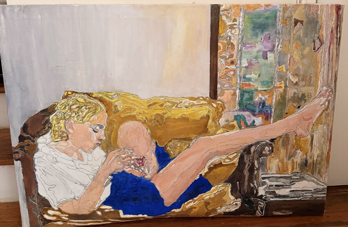 Oil painting of a reclining figure in a cobalt blue dress on a golden sofa beside a bright window