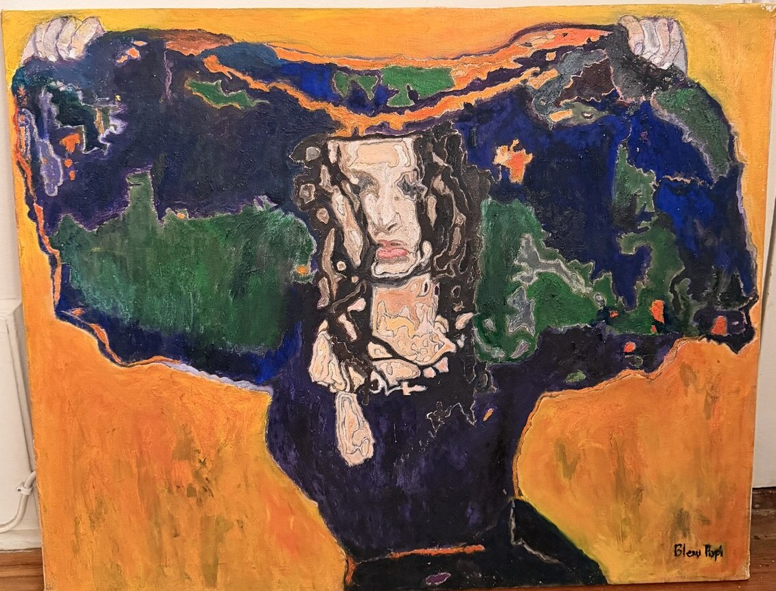 Bold abstract oil portrait with a pale face emerging from deep blue and green forms on a saffron ground