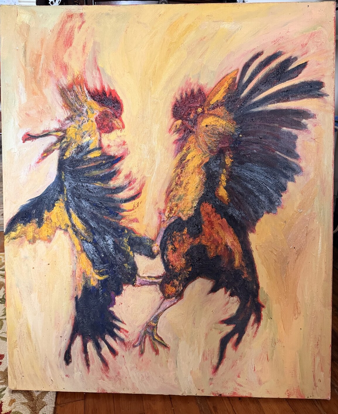Oil painting of two roosters facing each other with raised wings in black, gold and red on a warm cream ground